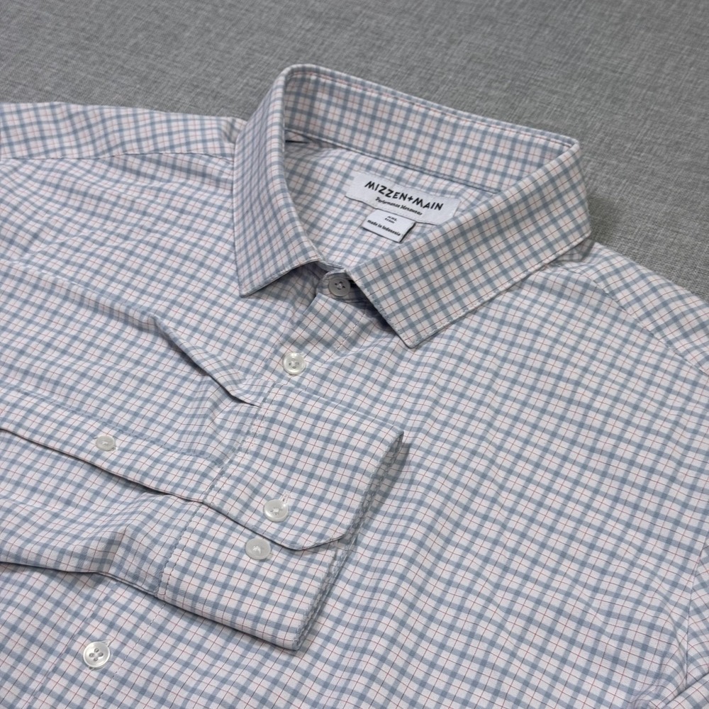 Mizzen + Main Dress Shirt Mens 2XL Blue Check Point Collar Long Sleeve Slim Fit